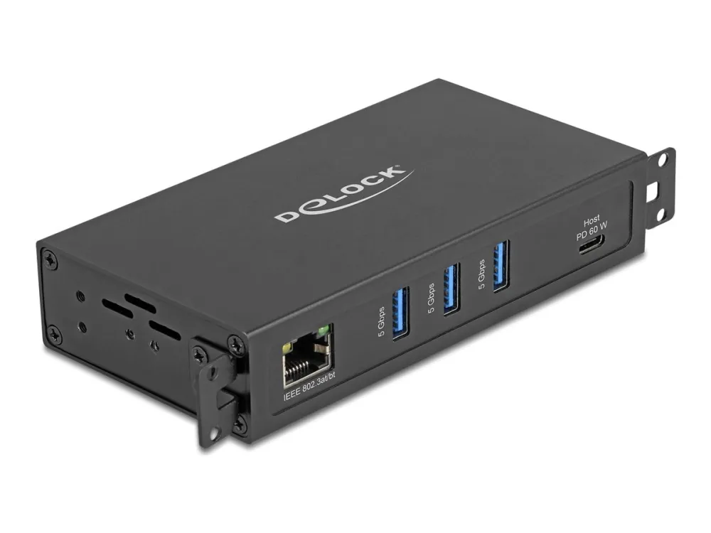 Delock - Hub - RJ45, 1.5 kV isolation - 3 x USB 3.2 Gen 1 + 1 x USB-C 3.2 Gen 1 (strømforsyning) + 1 x 1 Gigabit Ethernet - stasjonær, overflatemonterbar - PoE++