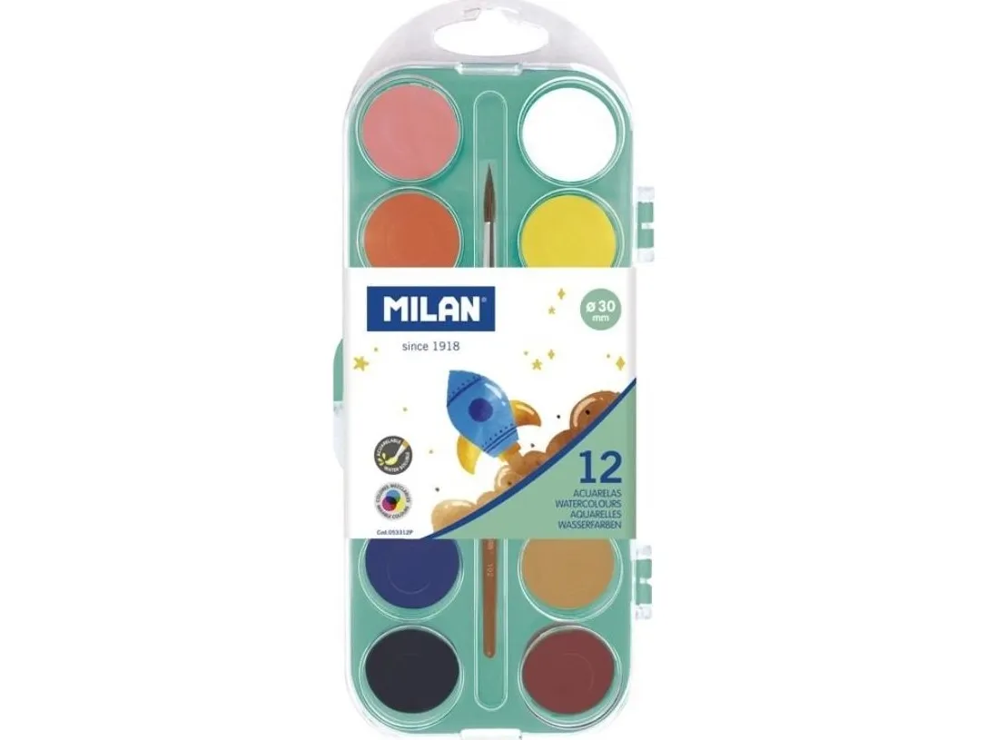 Milan akvarellfarger 12 farger 30 mm med pensel MILAN