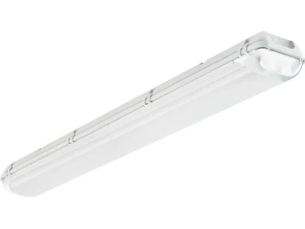 Alhama Tomt 2 rørs armatur forberedt for 1200mm LED rør, Polykarbonat bund/afskærmning, Plast klips. Uden intern gennemfortrådning.
