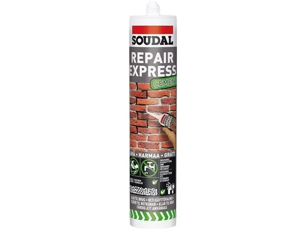 SOUDAL Cement Repair Express spartelmasse grå 300ml patron, er en klar-til-brug reparation af fuger og revner i cement