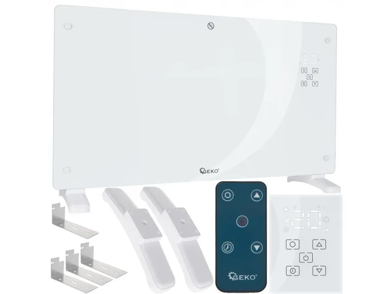 Geko konvektorvarmer i glass hvit med LCD, fjernkontroll og WiFi 2500W