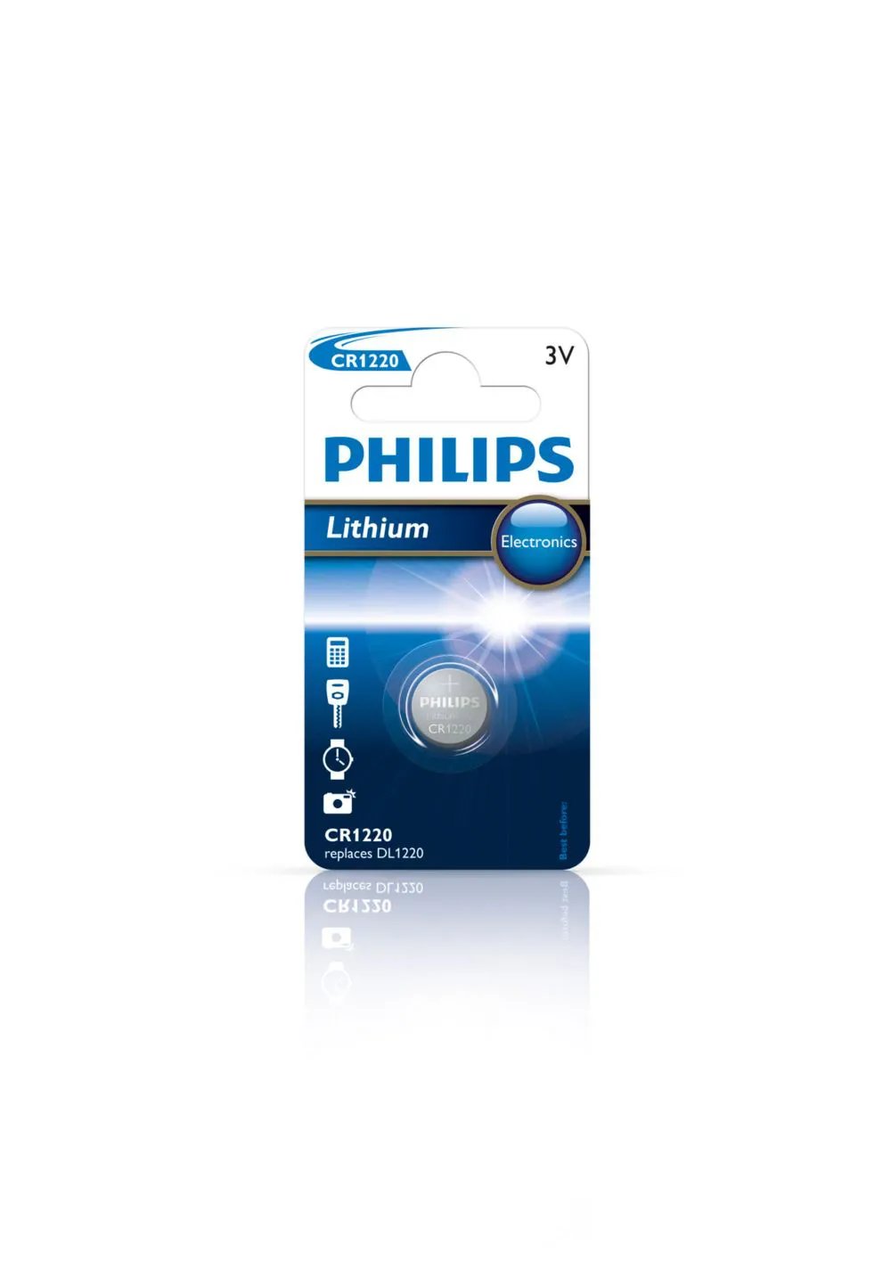 Philips Minicells Batteri CR1220/00B, Oppladbart batteri, 3 V, Sølv, 0,7 g, 40 x 60 x 1 mm, 41 x 61 x 62 mm