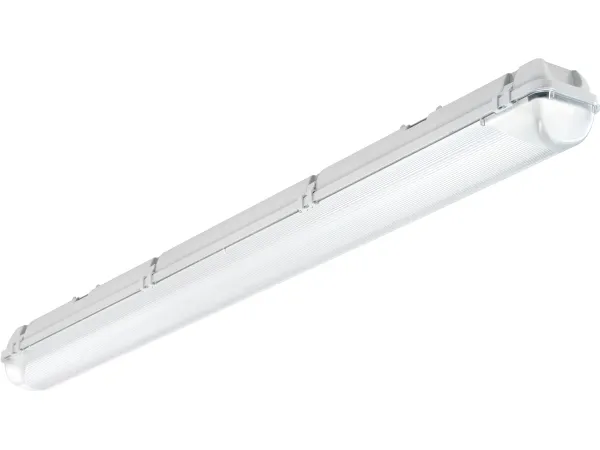 Alhama Tomt 1 rørs armatur forberedt for 1500mm LED rør, Polykarbonat bund/afskærmning, Plast klips.Uden intern gennemfortrådning.