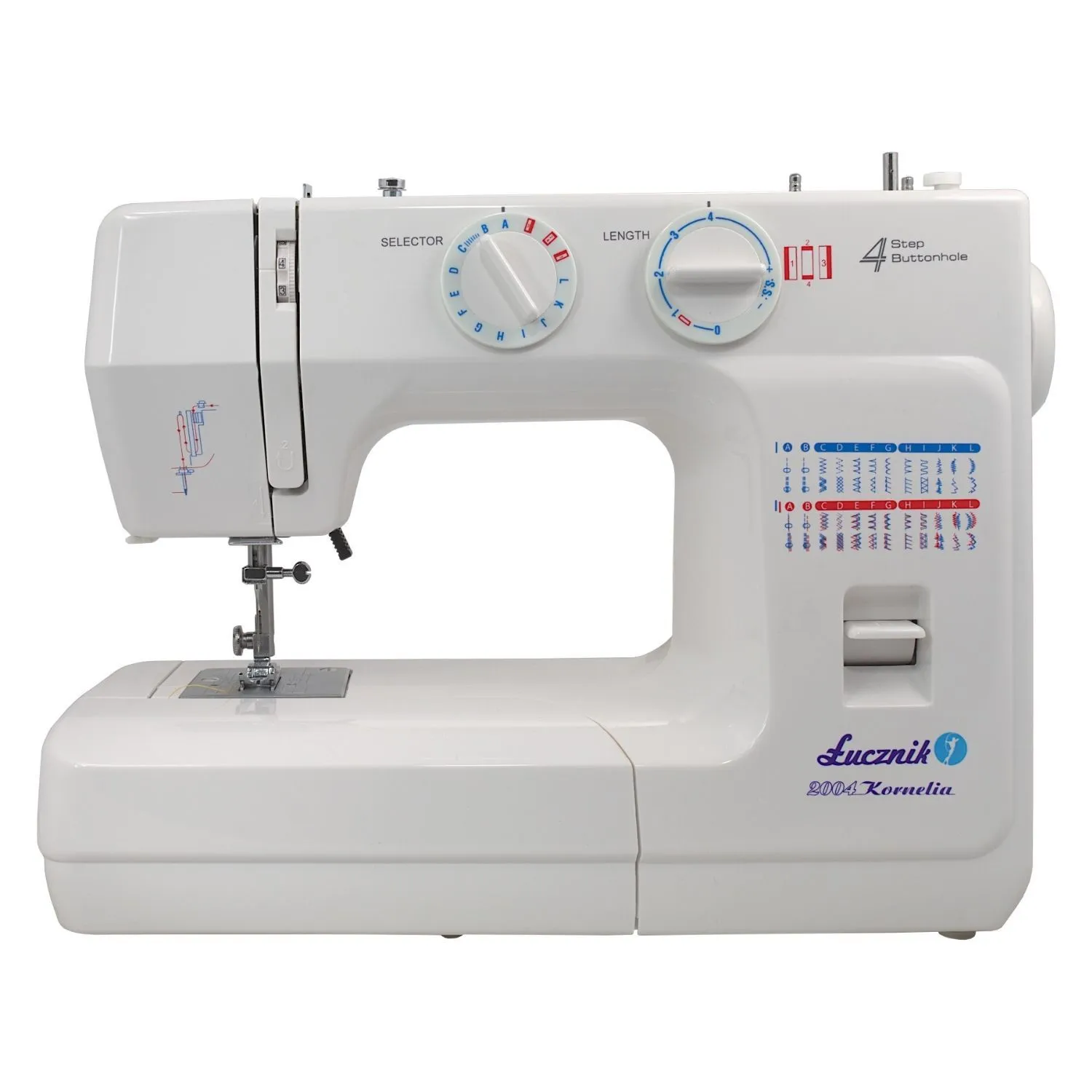 Lucznik KORNELIA II 2004, Hvit, Semi-automatisk symaskin, Overlock / Overkast, Sying, 4 Steg, 5 mm, Rotasjon