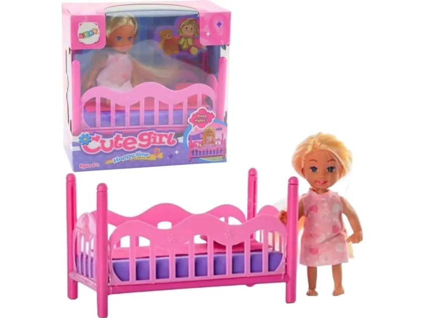 LeanToys minisett med dukke i pysjamas med seng rosa