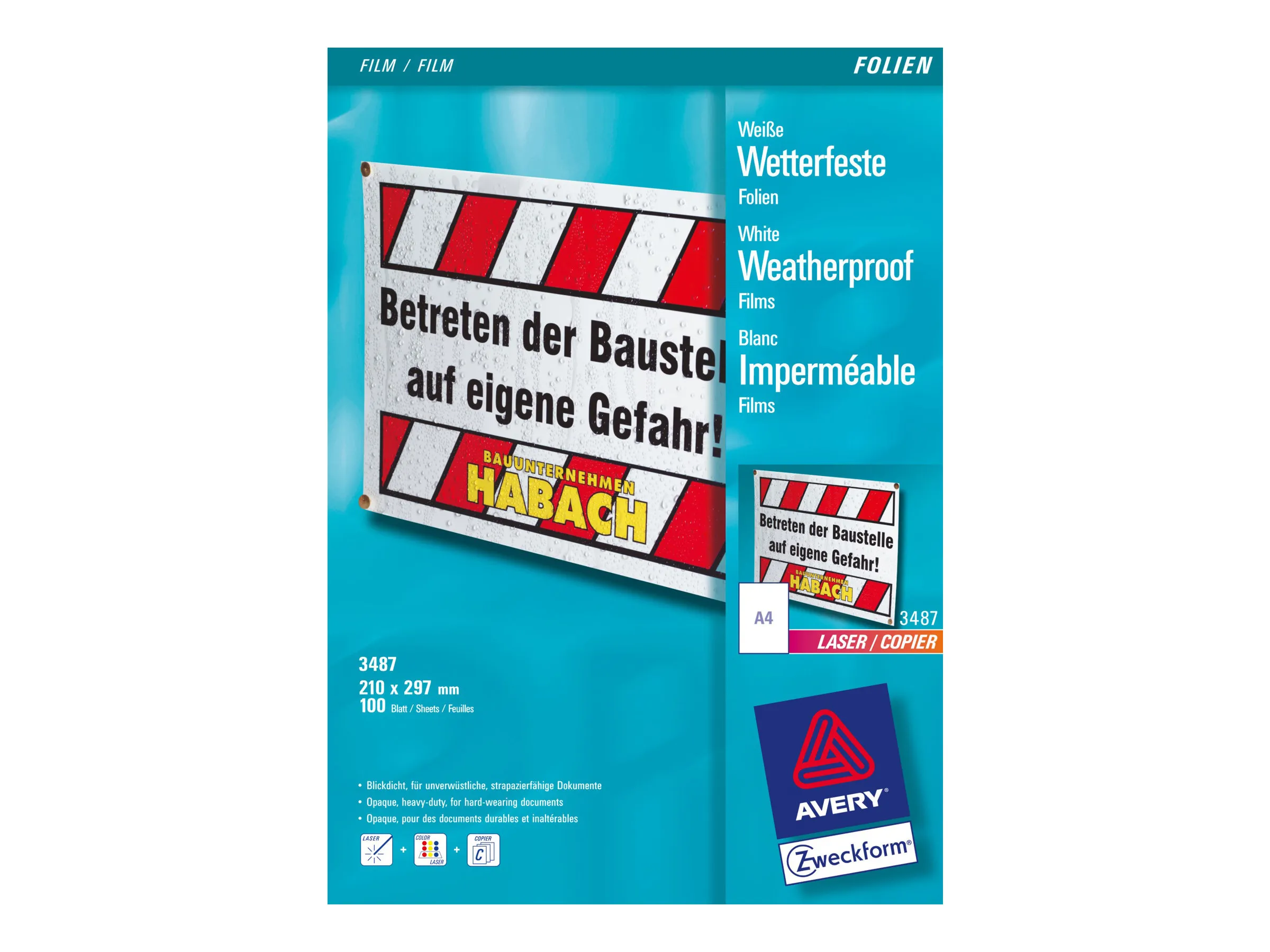 Avery Zweckform 3487 - 130 mikroner - hvit - A4 (210 x 297 mm) 100 ark film