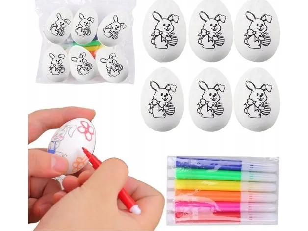 LeanToys påskeegg i polystyren til maling, tusj/filtpenner, mus 6 stk