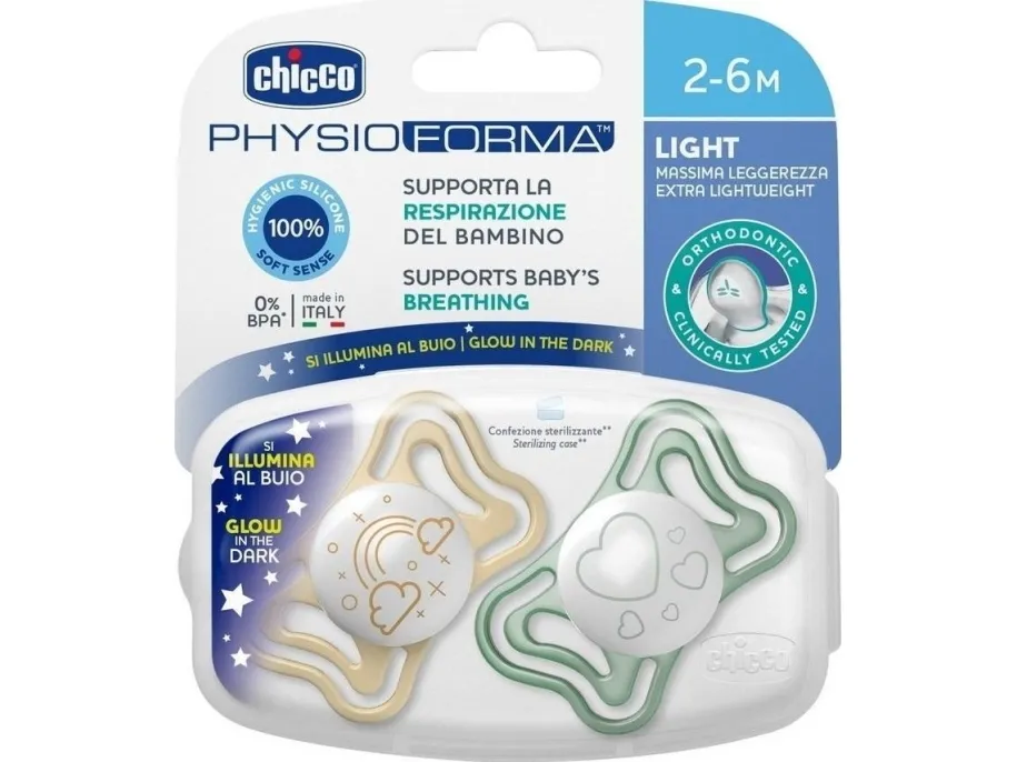 Chicco beroligende smokk light silikon lumi 2 stk 2-6 mnd