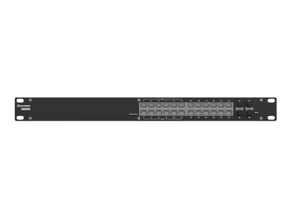 Teltonika SWM280 - Switch - L2+ - Styrt - 24 x 10/100/1000 (12 PoE+) + 4 x Gigabit SFP - luftflyt fra side til bakside - rackmonterbar - PoE+ (300 W) - med 2 års RMS Management