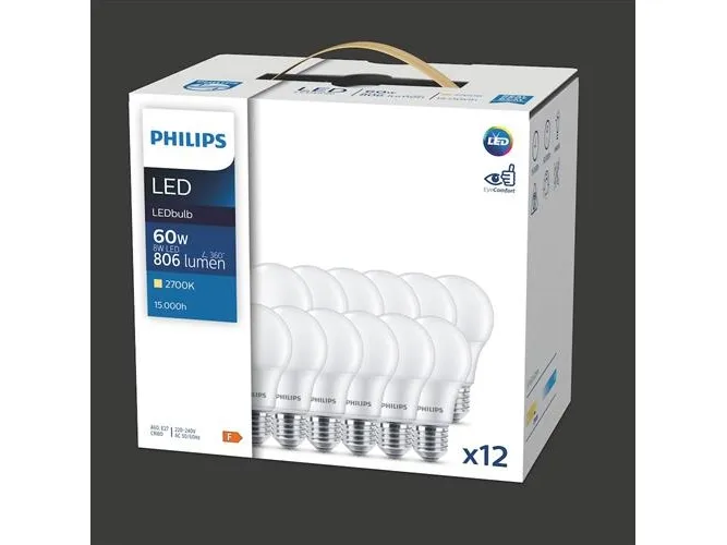 Philips LED Standard - 8W (60W) A60 E27 827 Mat 12-pakning