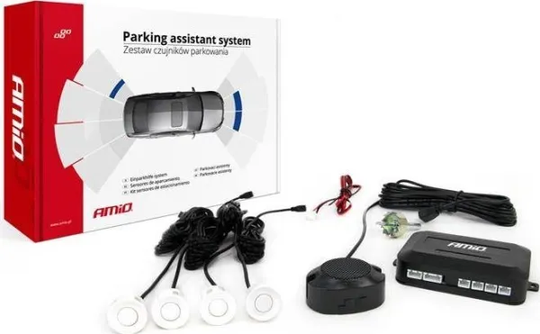 Parkeringshjelpesystem med lyd, 4 hvite sensorer 22 mm AMIO-01568