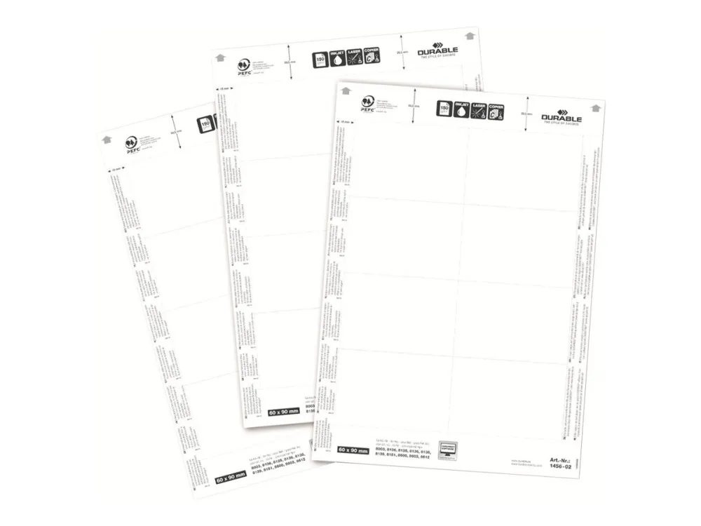DURABLE - Hvit - 60 x 90 mm - 150 g/m² - 160 kort (20 ark x 8) navneskiltkort - for P/N: 8003-19, 8106-03, 8106-06, 8106-19, 8603-19, 8612-19