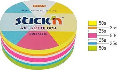 Stick'n Notes runde 67x67 mm miks 5 farger neon + hvit 250 ark Stickn 21830