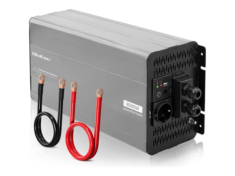 Qoltec – DC-til-AC-omformer – ren sinuskurve, USB, kompatibel med LiFePO4, GEL og AGM – AC 230 V / DC 12 V - 8000 watt - RS-485 - utgangskontakter: 1 – svart, grå