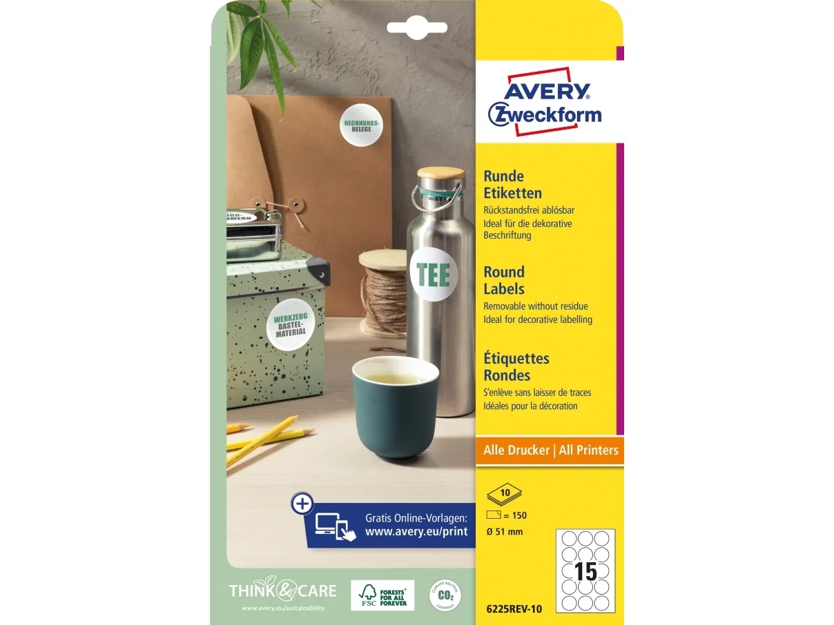 Avery 6225REV-10 runde produktetiketter Ø51 mm A4, hvit (avtagbare)