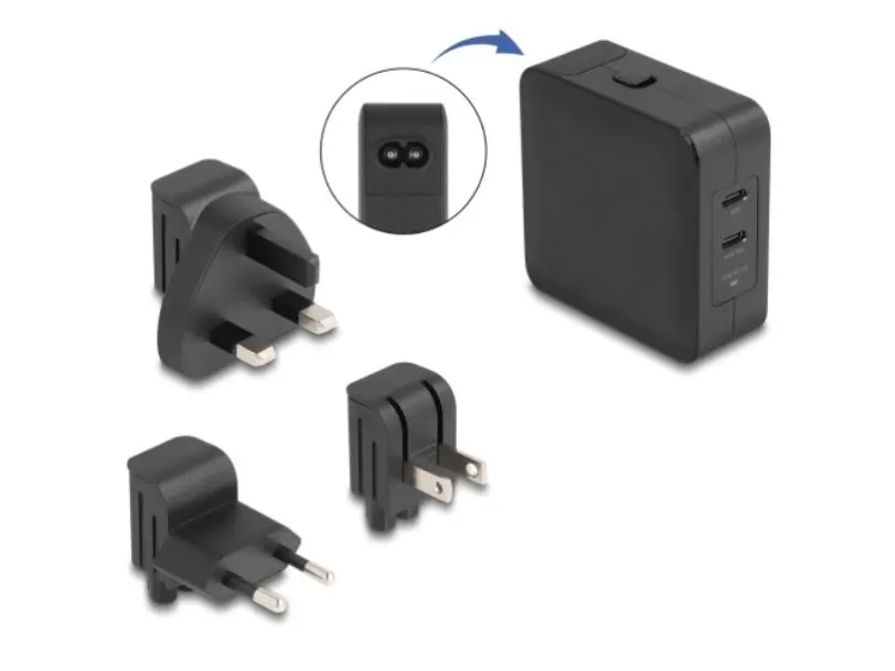 Delock - Strømadapter - AC 100-240 V - 65 watt - utgangskontakter: 2 - svart
