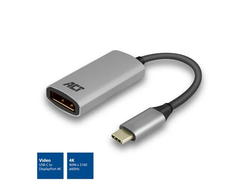 ACT USB-C til DisplayPort-adapter, 4K @60Hz, kabel 0,15 m, aluminium (AC7030)