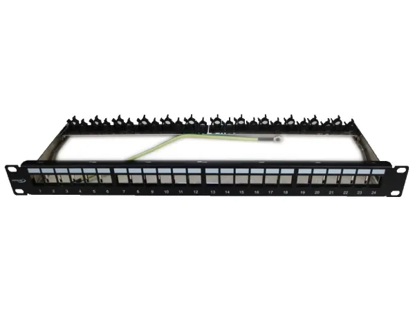 Patchpanel 19 1HE, 24 porte for Csslr Plus UTP / FTP Tool-less keystone konnektor, Easy-Clip, farve: sort incl. 4mm² jordledning