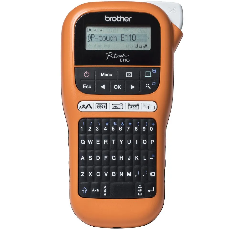 Brother P-Touch PT-E110VP - Etikettmaker - S/H - termotransfer - Rull (1,2 cm) - 180 dpi - inntil 20 mm/sek - kutter - 2-linjers utskrift - svart, oransje