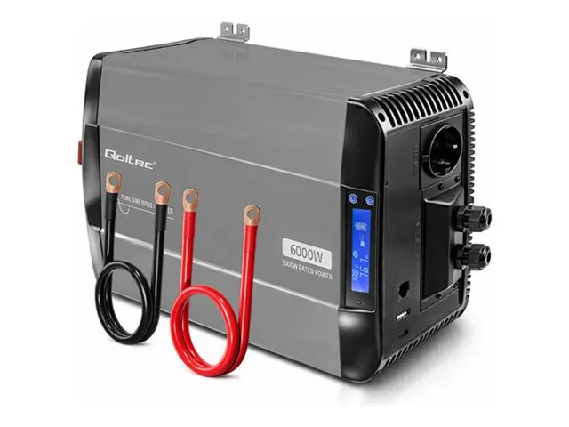 Qoltec – DC-til-AC-omformer – ren sinuskurve, LCD, USB, USB-C, kompatibel med LiFePO4, GEL og AGM – AC 230 V / DC 12 V - 6000 watt - RS-485 - utgangskontakter: 1 – svart, grå
