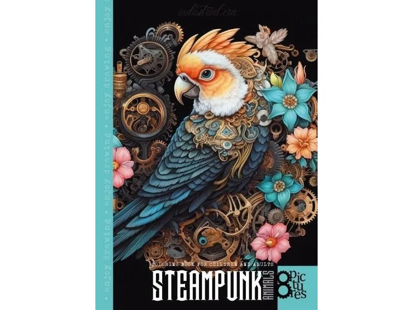 Malebok A4 8 bilder Steampunk papegøye |