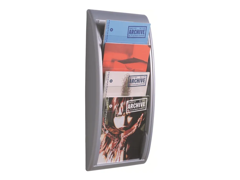 Brochureholder/skråfag Paperflow® A4 med 4 rum stående, grå/transparent