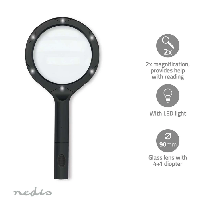 Nedis forstørrelsesglass med LED-lys, sort