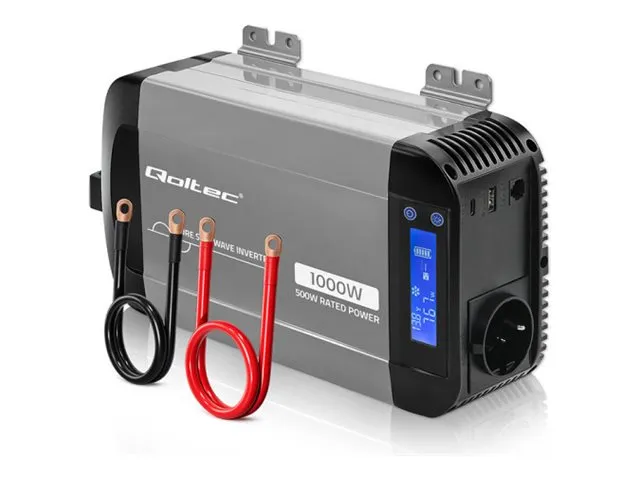 Qoltec - DC-AC strøminverter - pure sine wave, LCD, USB, USB-C, compatible with LiFePO4 GEL AGM - AC 230 V / DC 12 V - 1000 watt - RS-485 - utgangskontakter: 1 - gråsvart