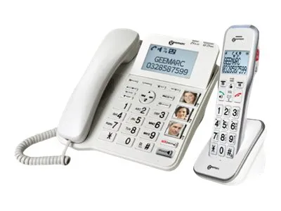 Geemarc Amplidect Combi 595 - Telefon med ledning - svarersystem med anrops-ID/samtale venter - DECT - hvit + ekstra håndsett