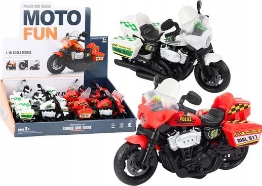 LeanToys politimotorsykkel 1:10 leke lys og lyder hvit rød