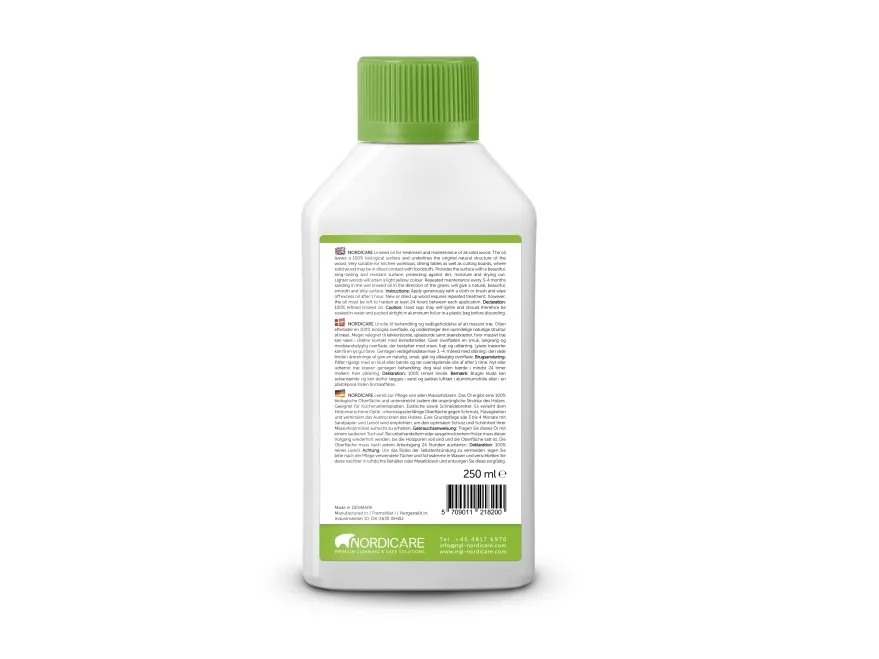 Nordicare LINSEED OIL is a vegetable oil for treatment and maintenance of all solid wood. The oil leaves a 100% biological surface and underlines the original natural structure of the wood. Provides the surface with a beautiful, long-lasting and resistant surface, protecting against dirt, moisture and drying out. Lighter woods will attain a light yellow color. 1000ml