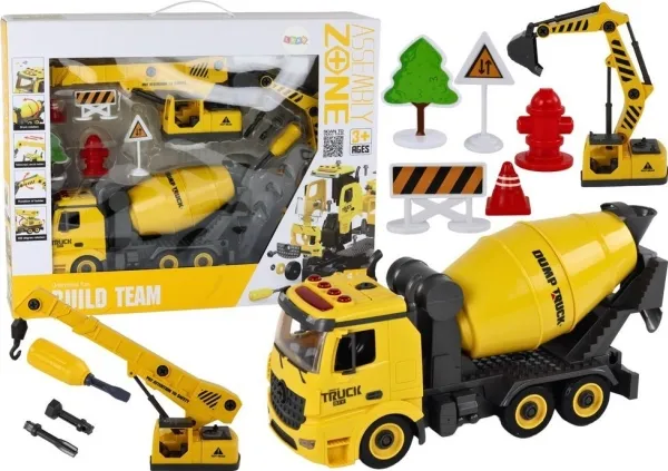 LeanToys byggekjøretøy med lyd og lys 1:12 DIY betongblander, kran og gravemaskin