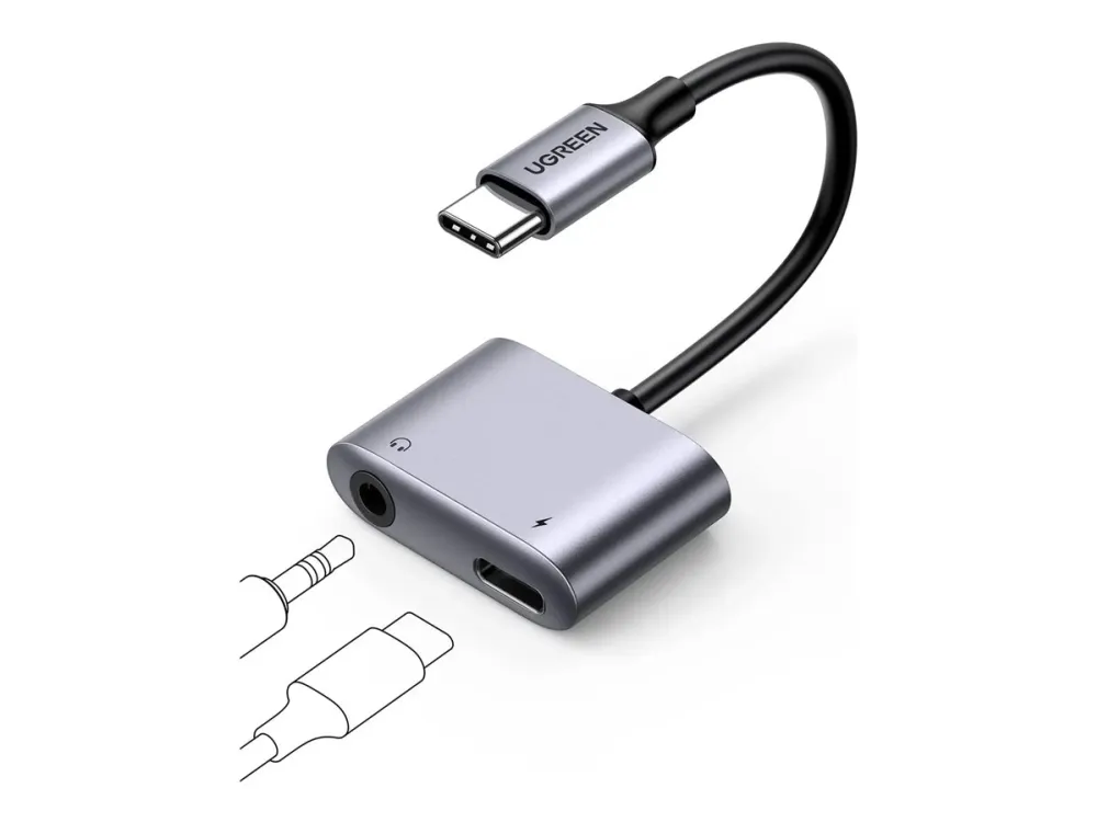 Ugreen - USB-C til hodetelefonjakk / ladeadapter - USB-C hann til USB-C, 3,5 mm telefonjakk hunn - USB Power Delivery (30 W)