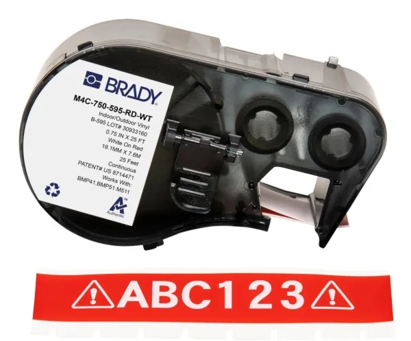 Brady M4C-750-595-RD-WT, Rød, Hvit, Selvklebende skriveretikett, Kontinuerlig etikett, Vinyl, Trermisk overføring, Akryl