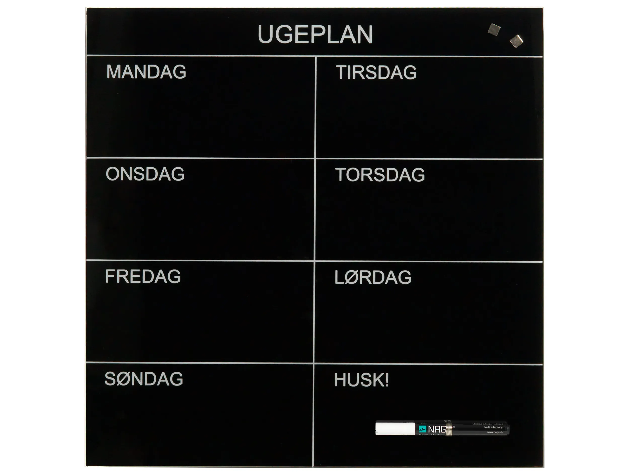 Magnetisk NAGA ugetavle i glas 45x45 cm sort - dansk tekst