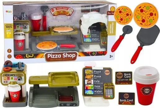 LeanToys pizzabutikksett med kaffemaskin, drikkevarer og kasse