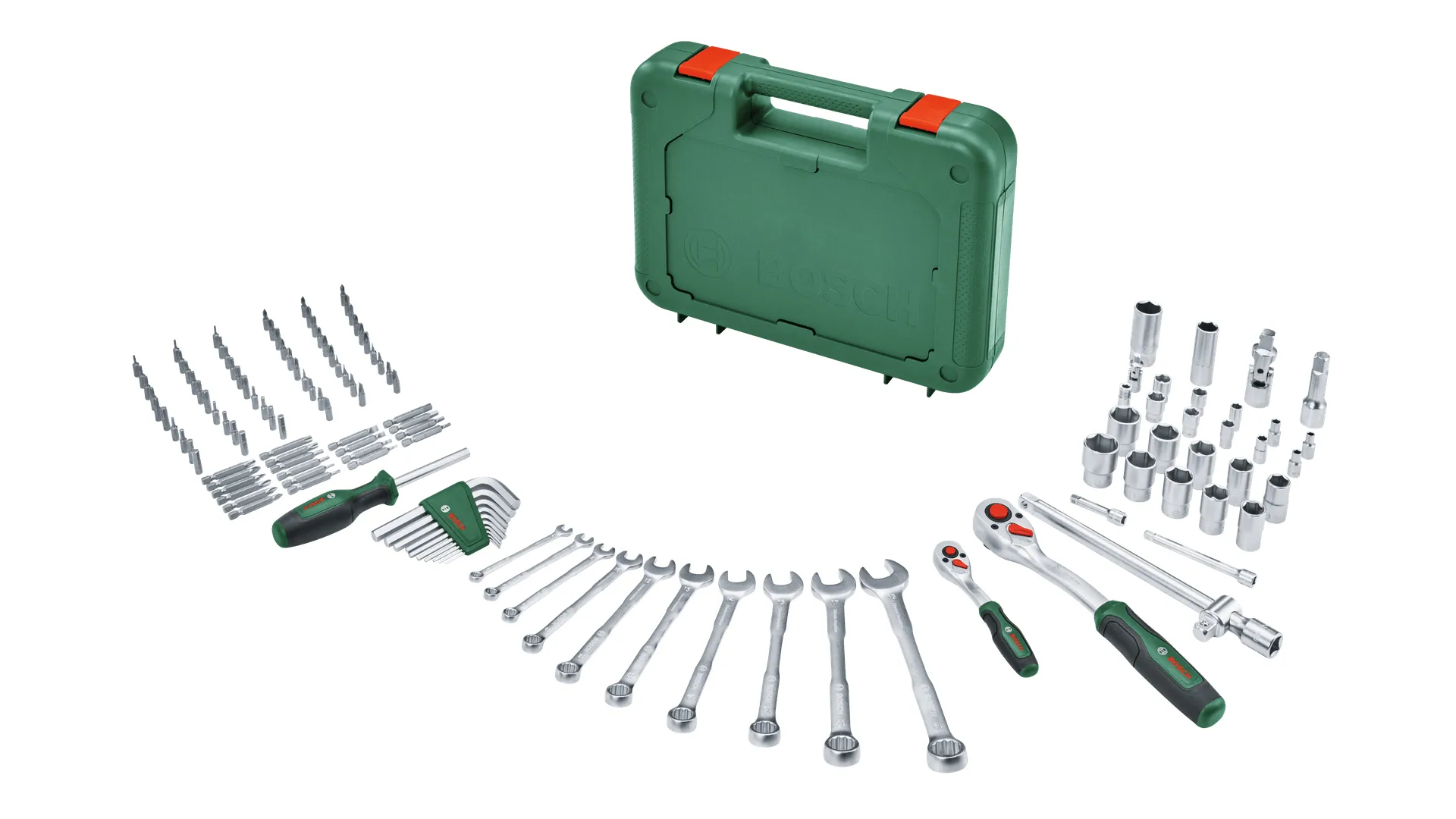 Bosch 1 600 A02 Z9B, Kombinasjonsnøkkel, 6,7,8,10,12,13,14,15,17,19 mm, Svart, Grønn, Grønn, 132 verktøy