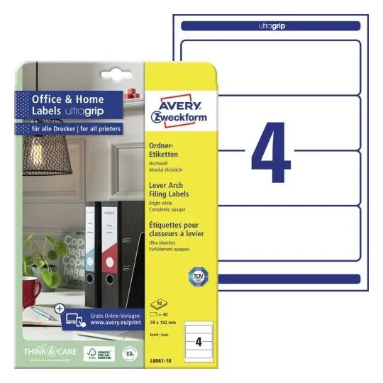 Avery-Zweckform mappeetiketter L6061-10 59 x 192 mm hvit permanent vedheftning 40 stk.