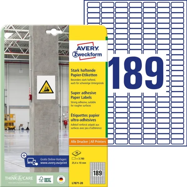 Avery L7871-20, Hvit, Rektangel, Permanent, DIN A4, Papir, Laser/Blekkskriver