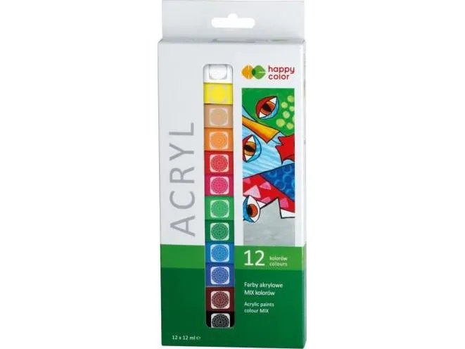 Akrylmaling 12 ml, 12 farger HAPPY COLOR