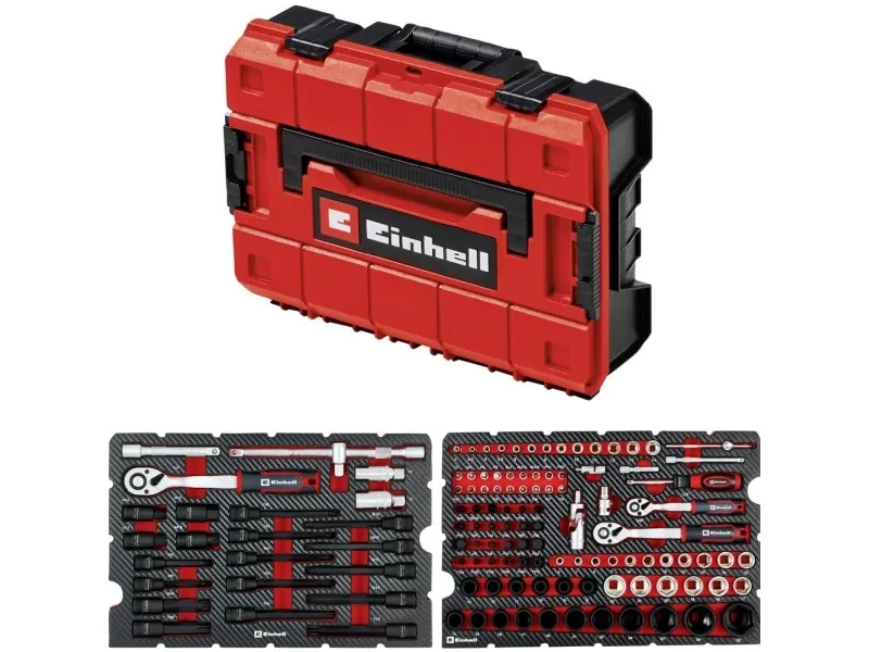 Einhell-KWB E-Case verkøykasse til bil, 121 deler (svart/rød, med verktøyssett for hobby-skruetrekkere)