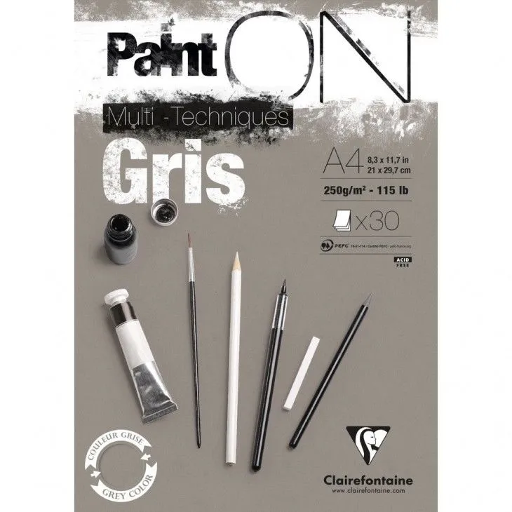Paint-On Blok A4 250gram 30 ark gråt papir, multi teknik, toplimet