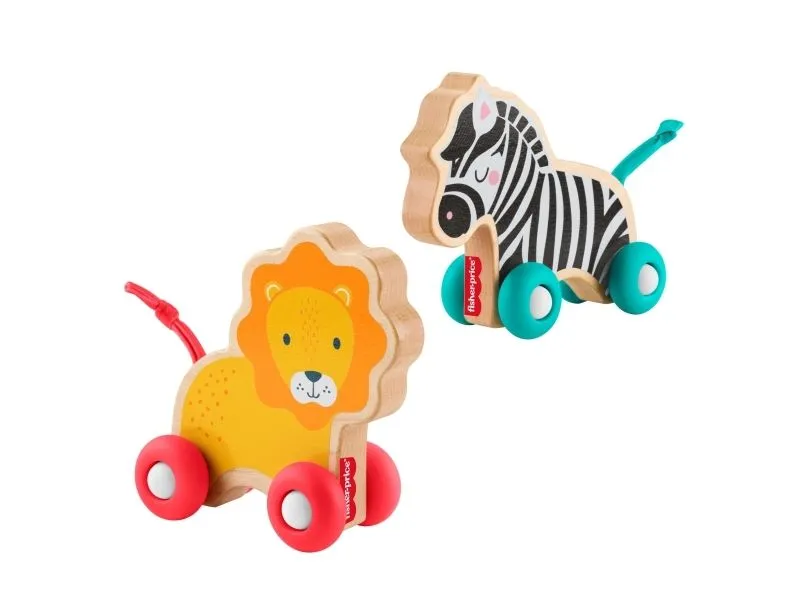 Fisher-Price Wooden Push Along Animals, lekebiler formet som løve og sebra til babyer som krabber og leker, 0,5 år, Tre, Flerfarget