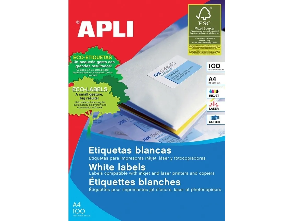 APLI universaletiketter APLI, 105x148 mm, rektangulære, hvite, 100 ark