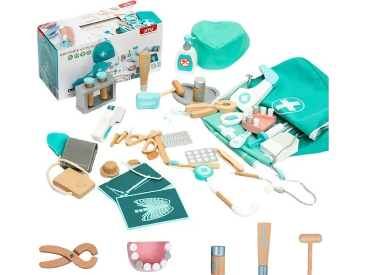 LeanToys legekoffert Lille doktor tannlege i tre leketøysapotek sett frakk 20 deler