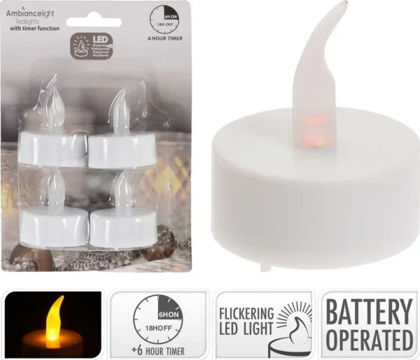 Affek Design sett med 4 LED TEA LIGHT-lys med timer, hvit