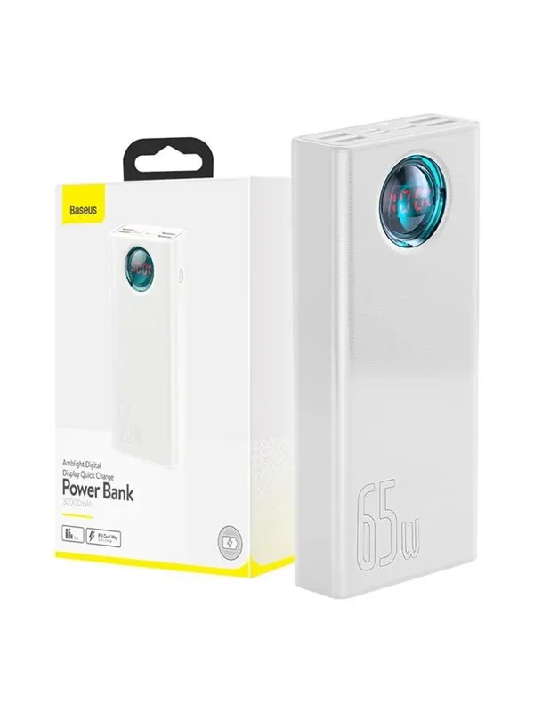 Baseus Amblight Digital Display Quick Charge - 30000mAh - 65W - 4xUSB USB-C Nødlader - Hvit - 30000 mAh