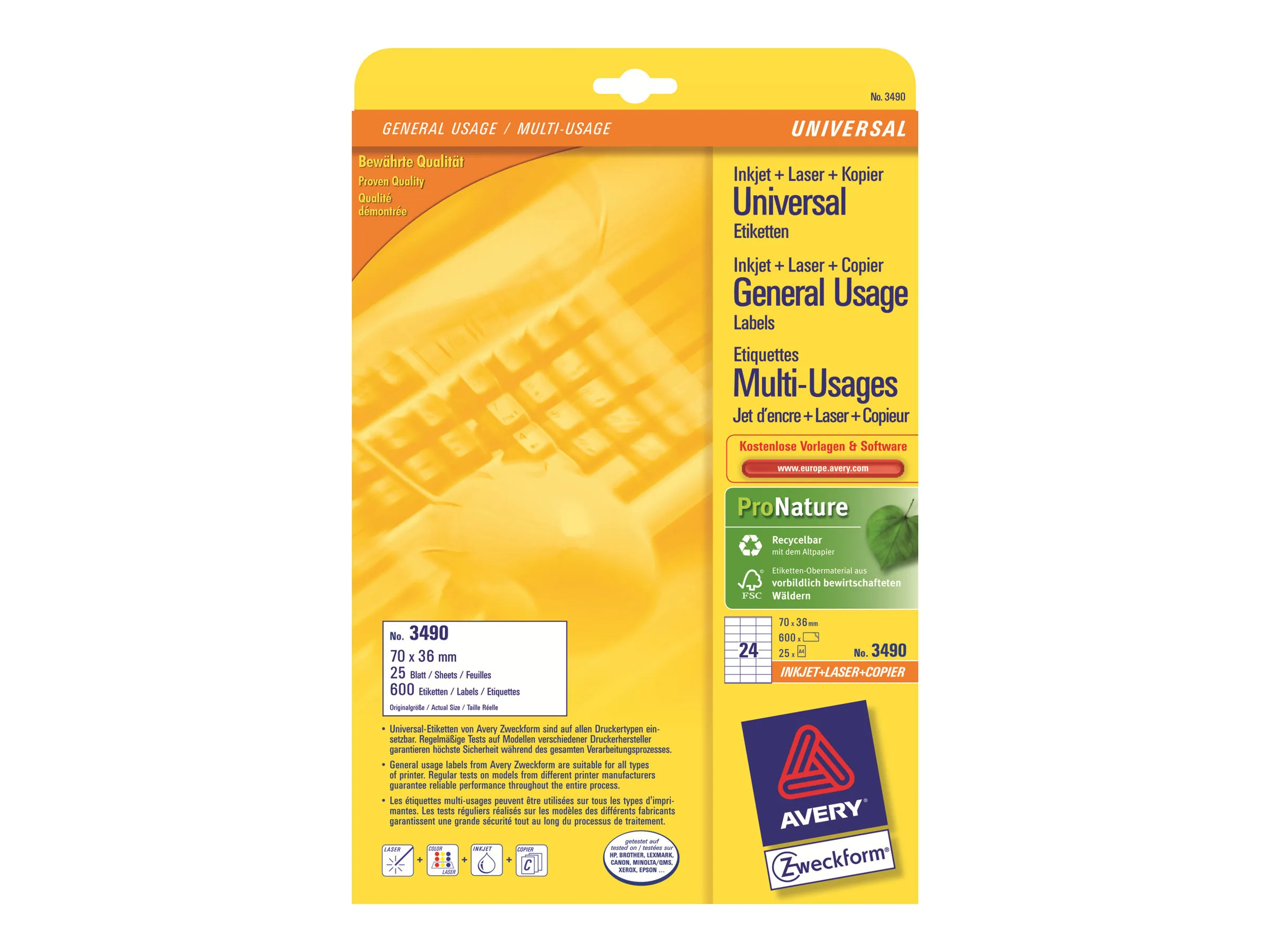 Avery - Hvit - 70 x 36 mm 600 etikett(er) (25 ark x 24) flerbruks merkelapper
