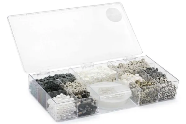 Heishi Fimo perlemiks med elastisk snor svart/grå/hvit