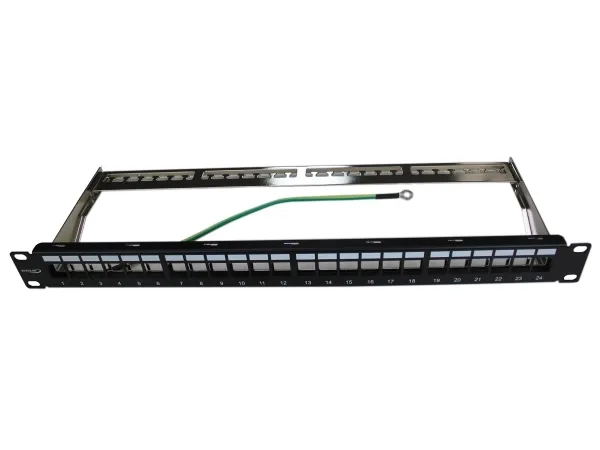 Patchpanel 19 1HE, 24 porte for Csslr Plus UTP / FTP Tool-less keystone konnektor, farve: sort incl. 4mm² jordledning